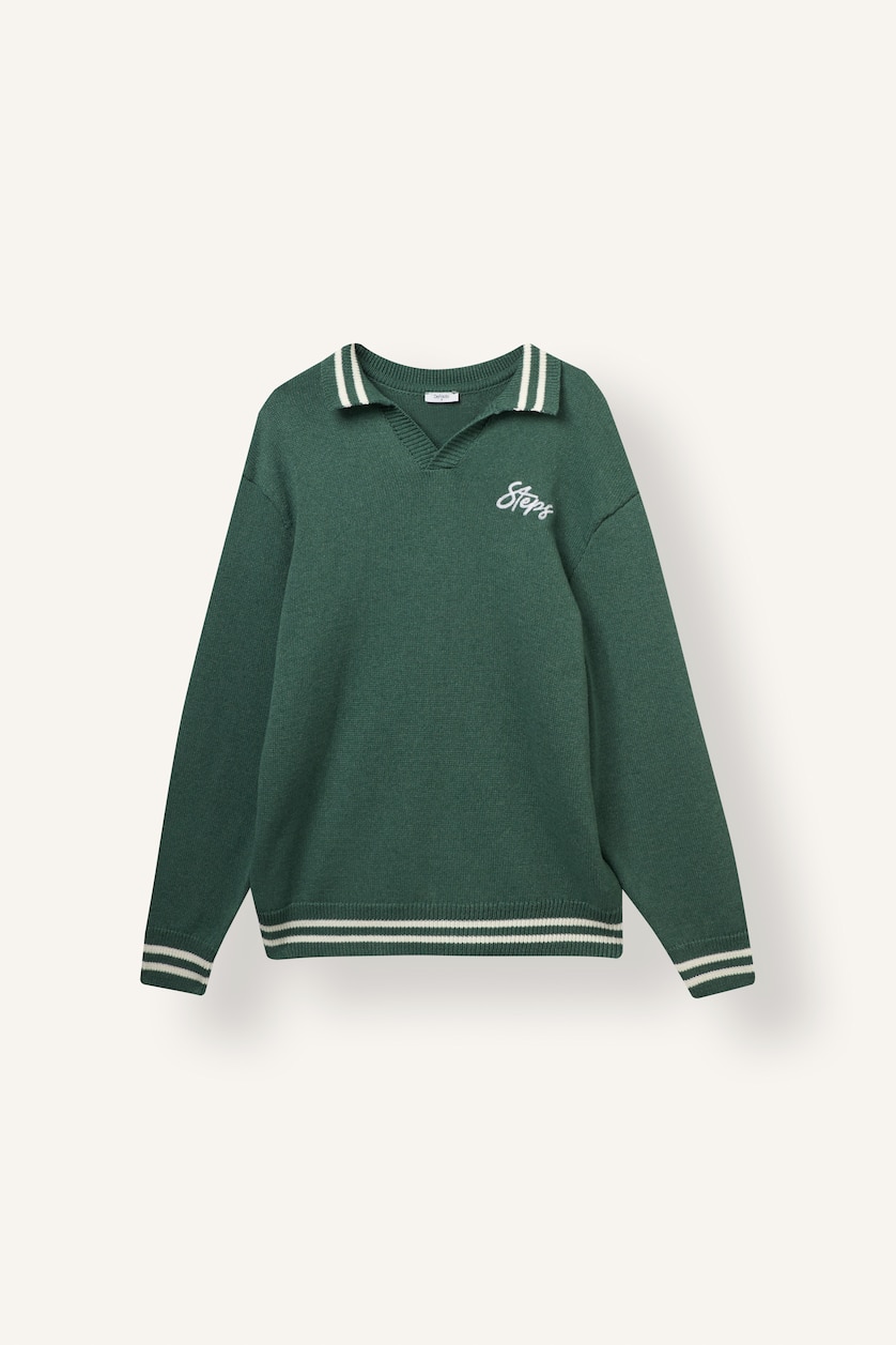 Erkek Haki Relaxed Fit Nakışlı Çizgili Triko Kazak