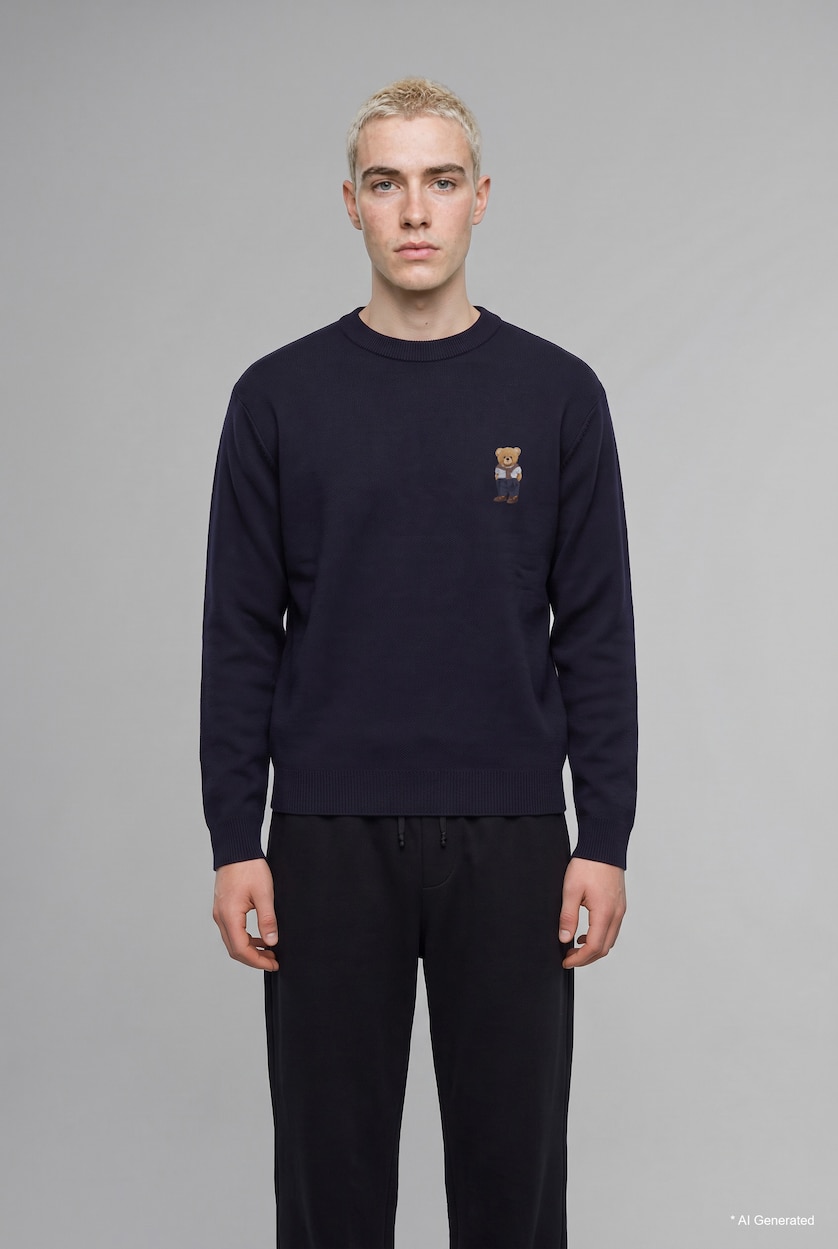 Erkek Lacivert Relaxed Fit Ayıcık Nakışlı Kazak