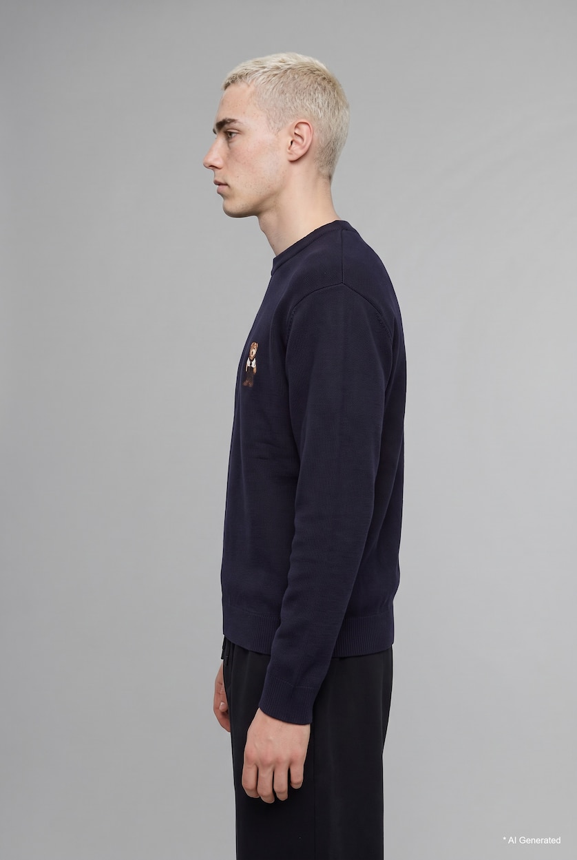 Erkek Lacivert Relaxed Fit Ayıcık Nakışlı Kazak