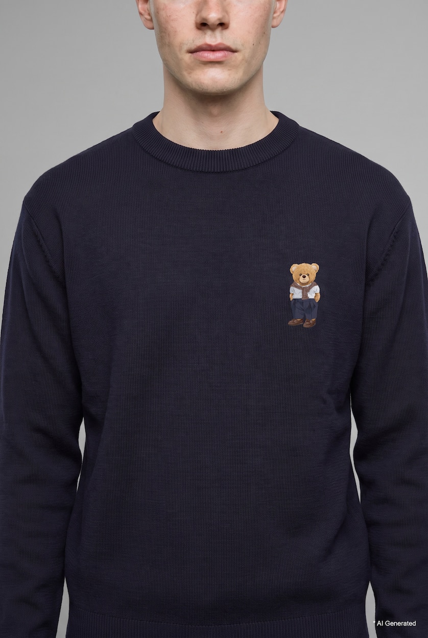 Erkek Lacivert Relaxed Fit Ayıcık Nakışlı Kazak