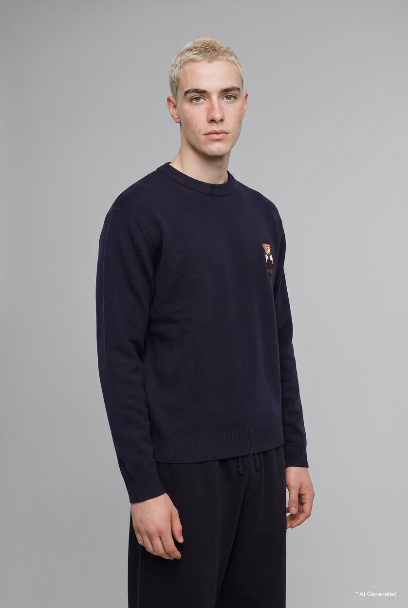 Erkek Lacivert Relaxed Fit Ayıcık Nakışlı Kazak