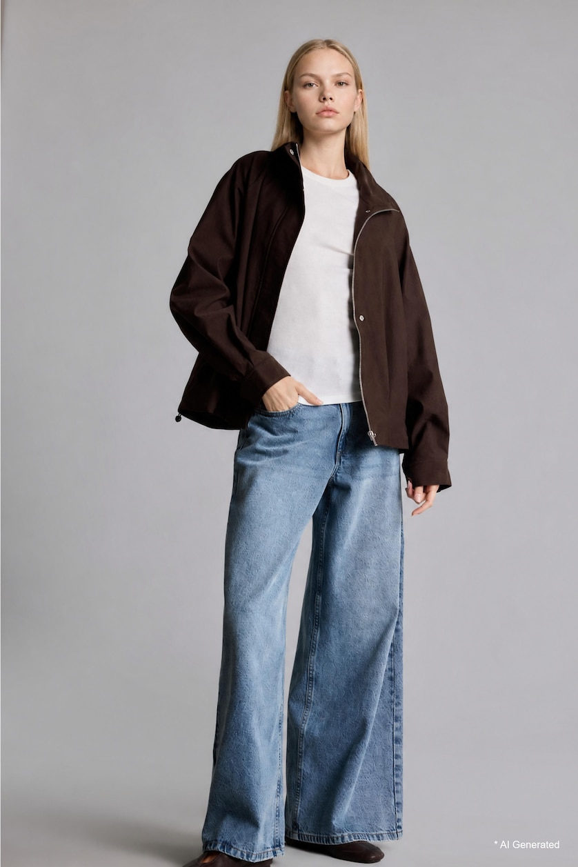 WOMAN Dark Brown Bengaline Stand Collar Jacket