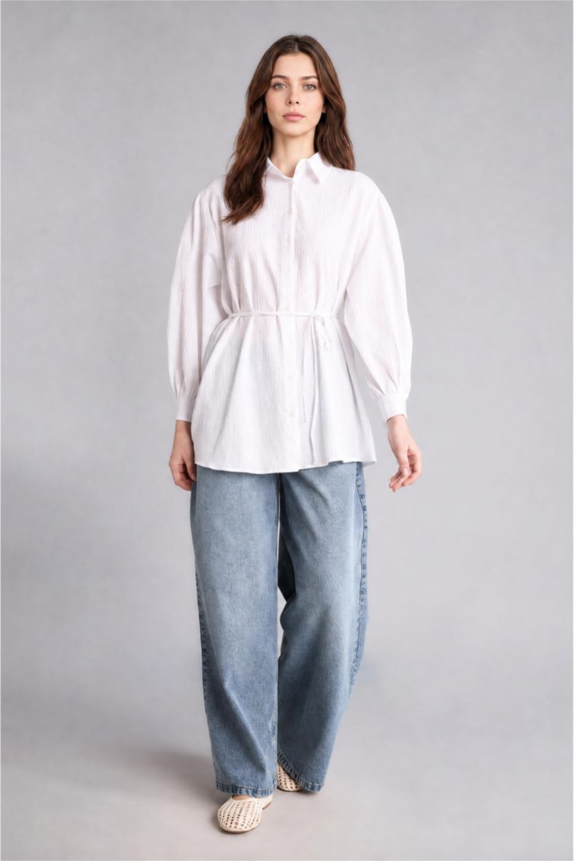 WOMAN White Relax Fit Crinkle Fabric Long Sleeve Tunic