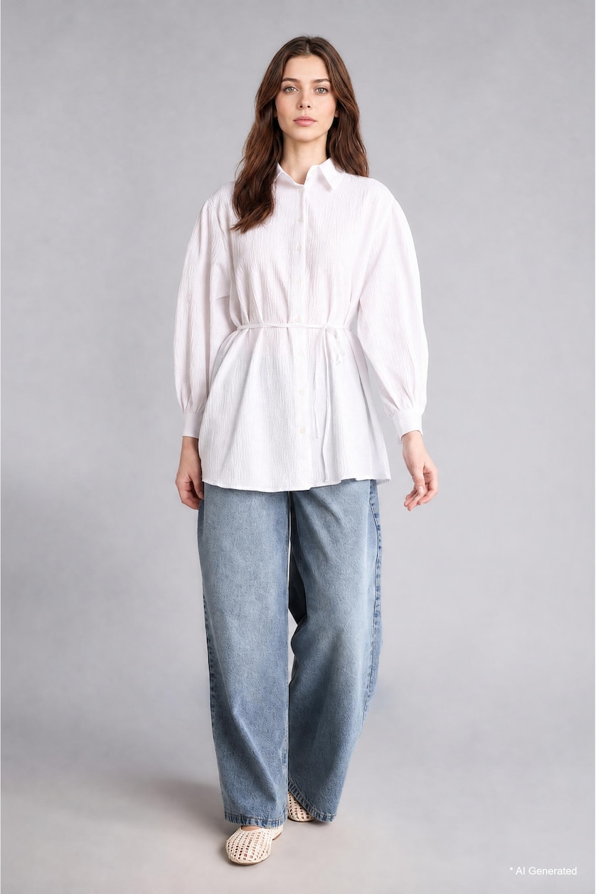 WOMAN White Relax Fit Crinkle Fabric Long Sleeve Tunic