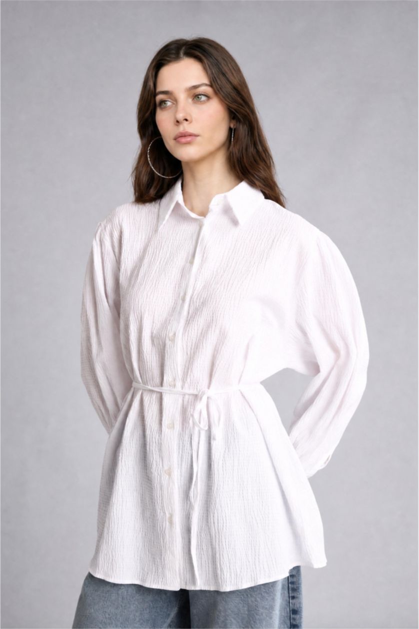 WOMAN White Relax Fit Crinkle Fabric Long Sleeve Tunic