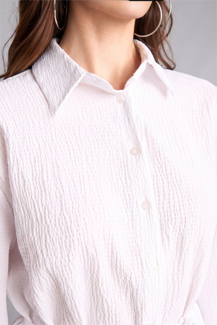 WOMAN White Relax Fit Crinkle Fabric Long Sleeve Tunic