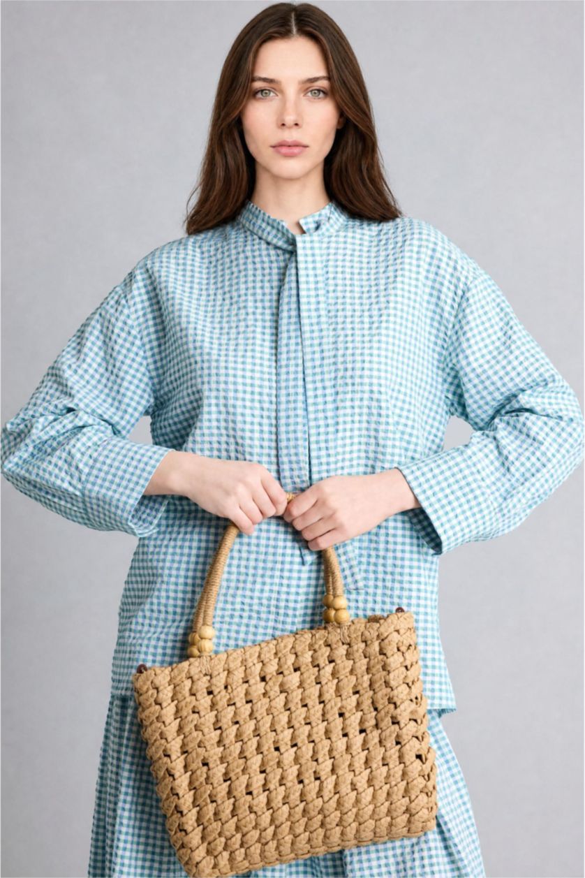 Kadın Mint Regular Fit Uzun Kollu Kırışık Dokulu Ekose Tunik