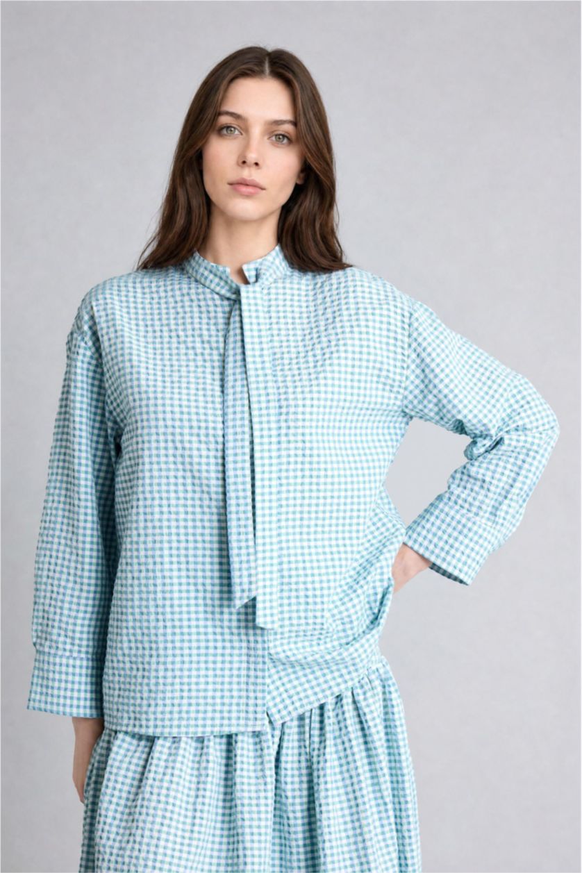 Kadın Mint Regular Fit Uzun Kollu Kırışık Dokulu Ekose Tunik