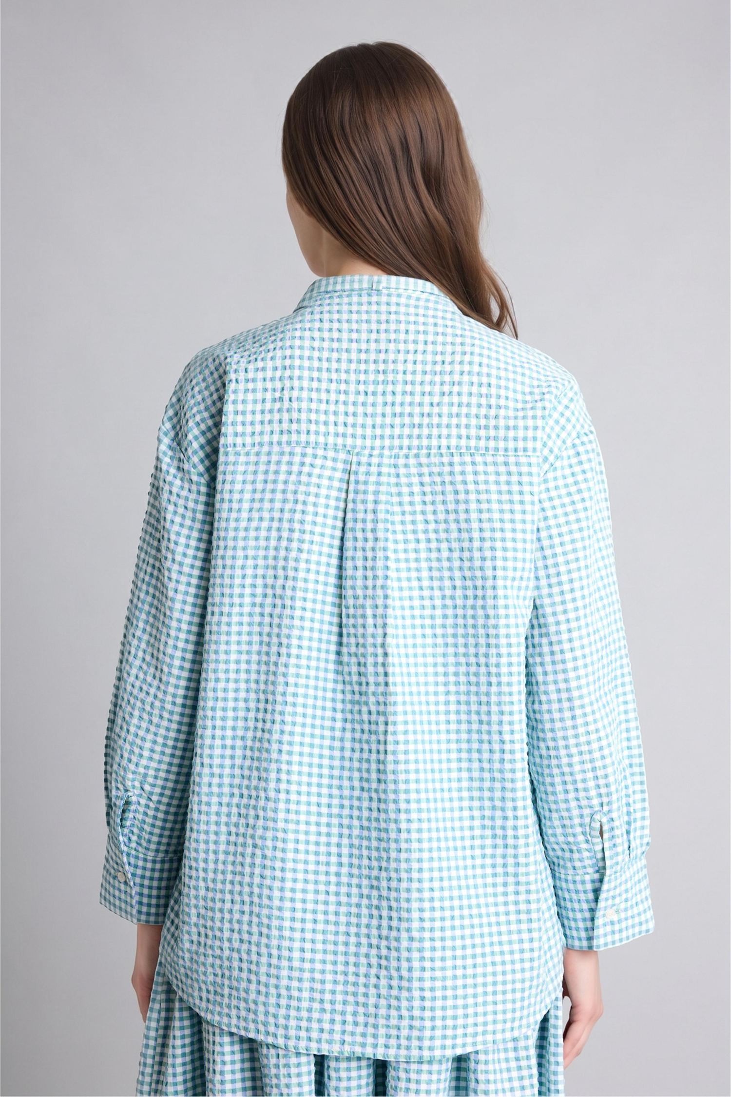 Kadın Mint Regular Fit Uzun Kollu Kırışık Dokulu Ekose Tunik