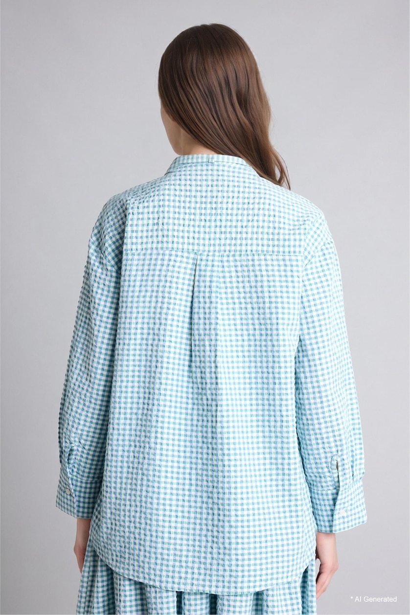 Woman Mint Regular Fit Crinkle Fabric Plaid Long Sleeve Tunic