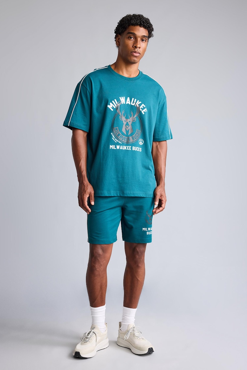 Erkek Yeşil %100 Pamuk NBA Baskılı Oversize Kısa Kollu Tişört
