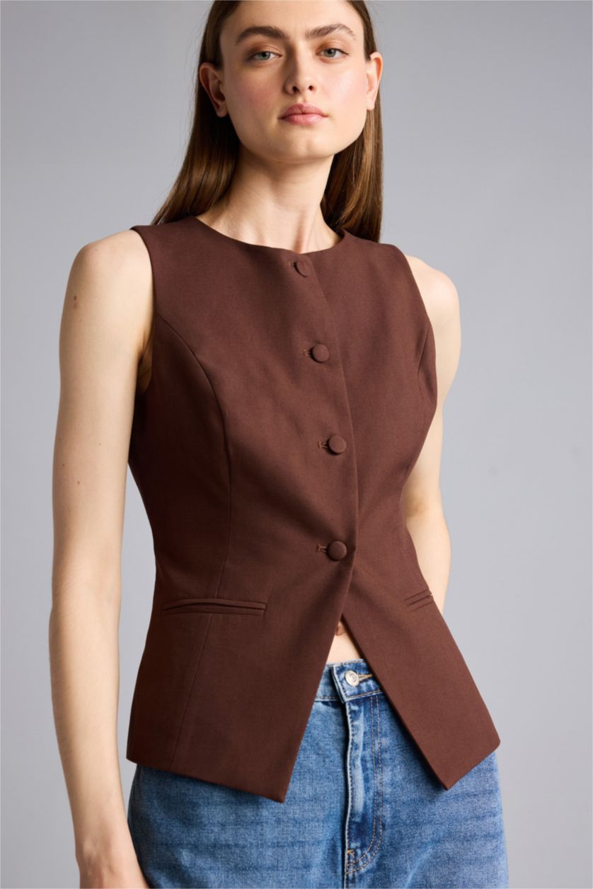 Kadın Kahve Bisiklet Yaka Keten Yelek