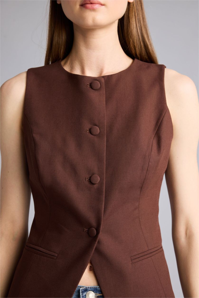 Kadın Kahve Bisiklet Yaka Keten Yelek