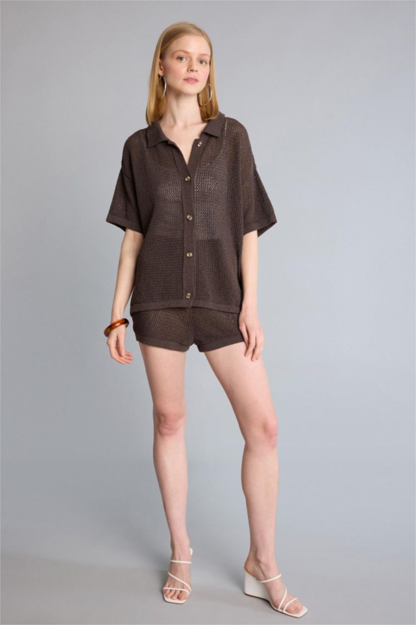 FEMME Marron Regular Fit Polo Collar Knitwear Cardigan