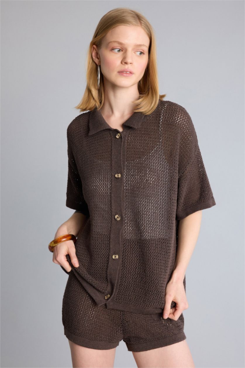 FEMME Marron Regular Fit Polo Collar Knitwear Cardigan