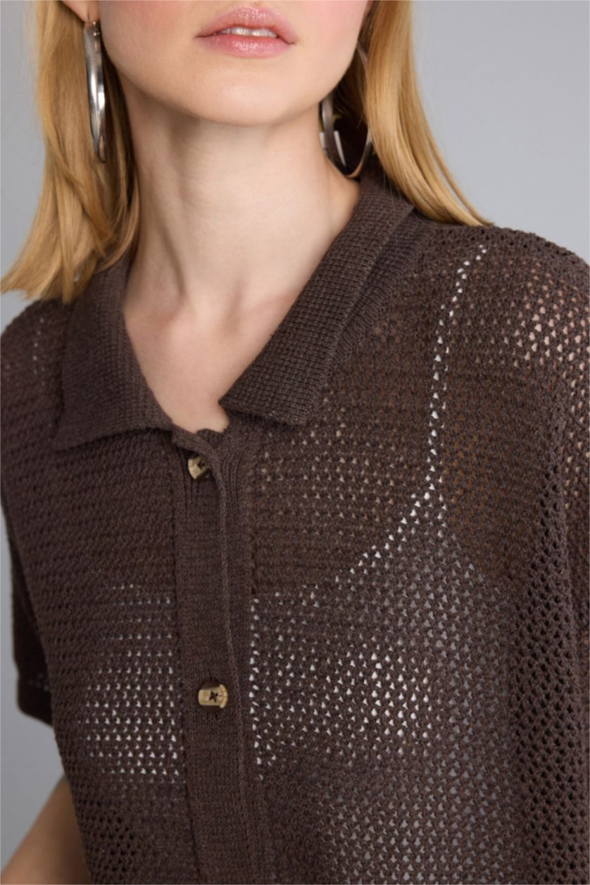 FEMME Marron Regular Fit Polo Collar Knitwear Cardigan