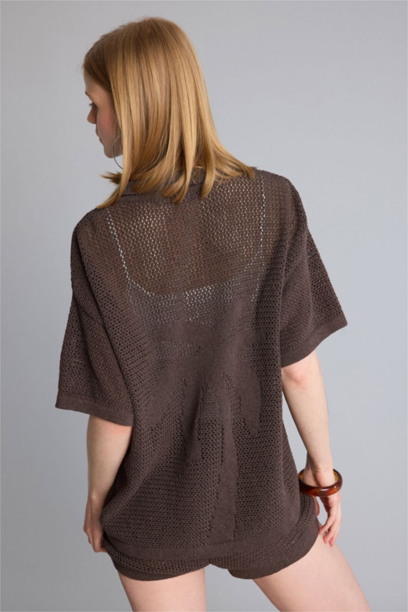 FEMME Marron Regular Fit Polo Collar Knitwear Cardigan