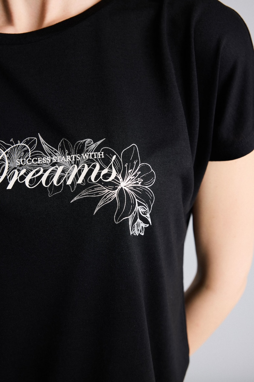 FEMME Noir T-shirt fleuri à col rond et manches courtes