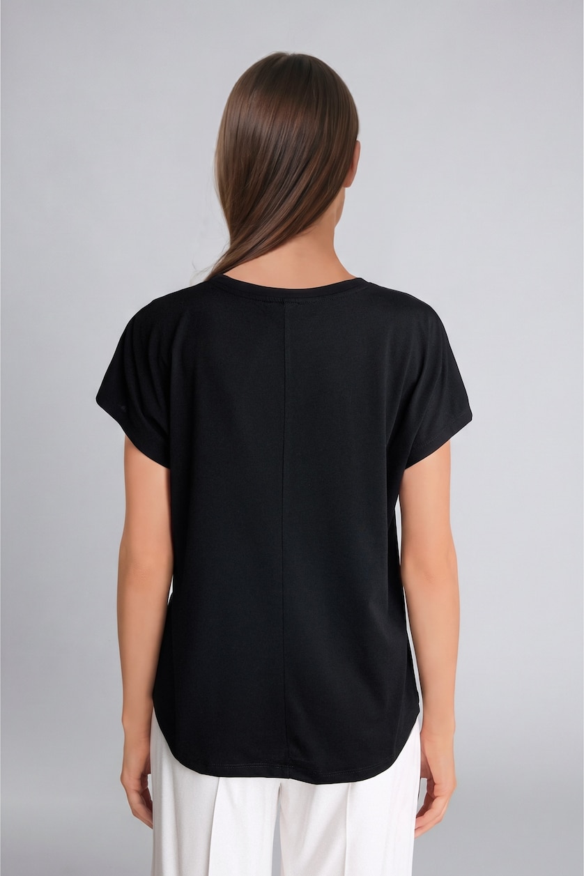 FEMME Noir T-shirt fleuri à col rond et manches courtes