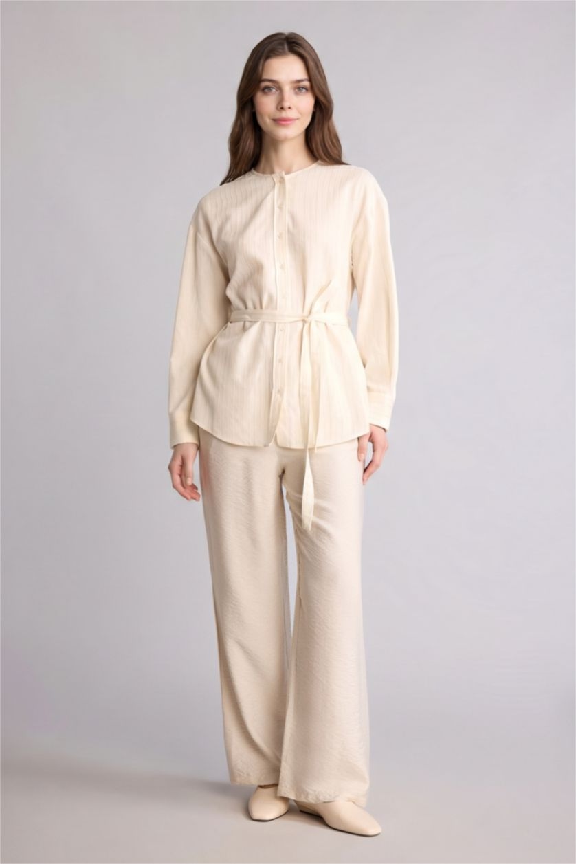 Kadın Ekru Regular Fit Düz Paça Pantolon