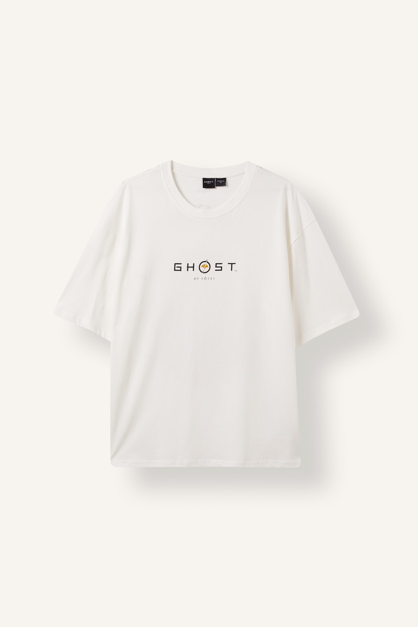 Erkek Ekru Ghost of Yotei Boxy Fit Baskılı Tişört