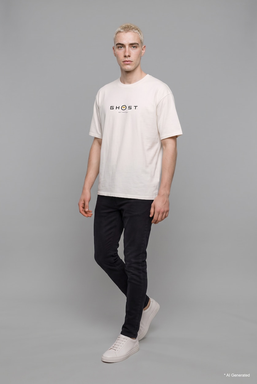 رجال بيج فاتح Boxy Fit 100% Cotton Sony Ghost of Yotei Printed Crew Neck Short Sleeve T-Shirt