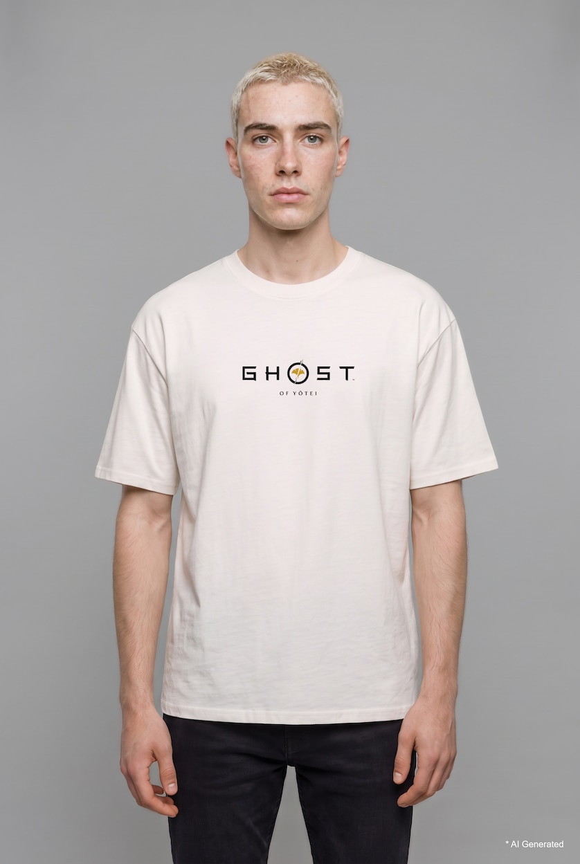 رجال بيج فاتح Boxy Fit 100% Cotton Sony Ghost of Yotei Printed Crew Neck Short Sleeve T-Shirt