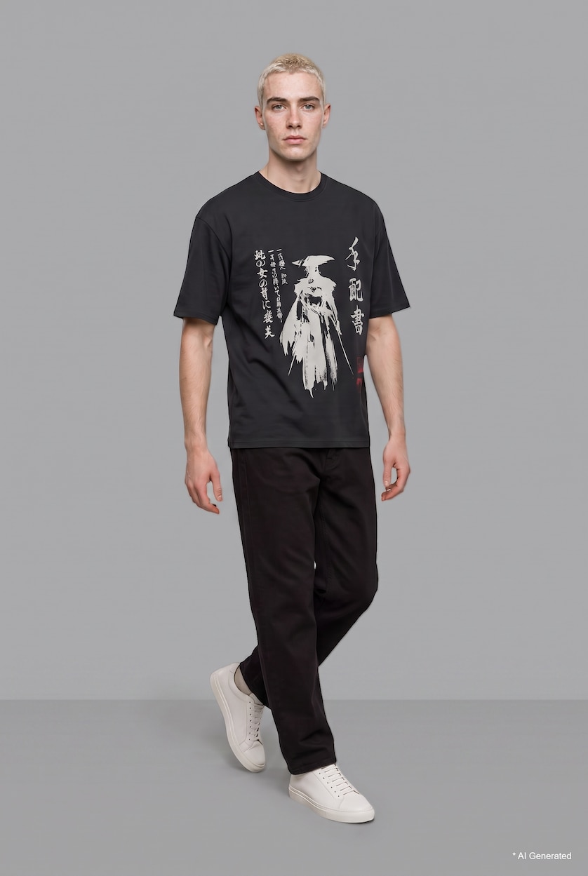 Men Anthracite 100% Cotton Sony Ghost of Yotei" Boxy Fit Printed T-Shirt"