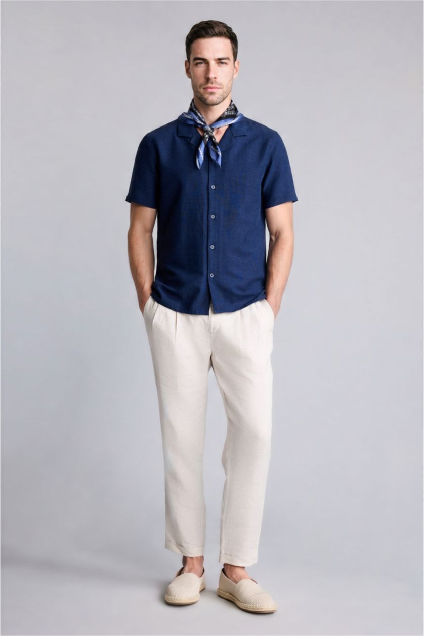 Erkek Lacivert Kısa kollu Keten Karışımlı Gömlek