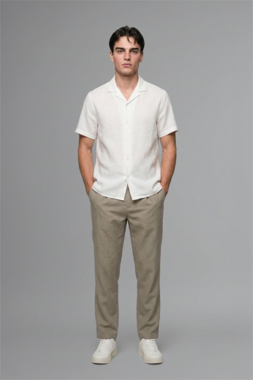 رجالي أبيض Modern Fit Linen Blended Short Sleeve Shirt