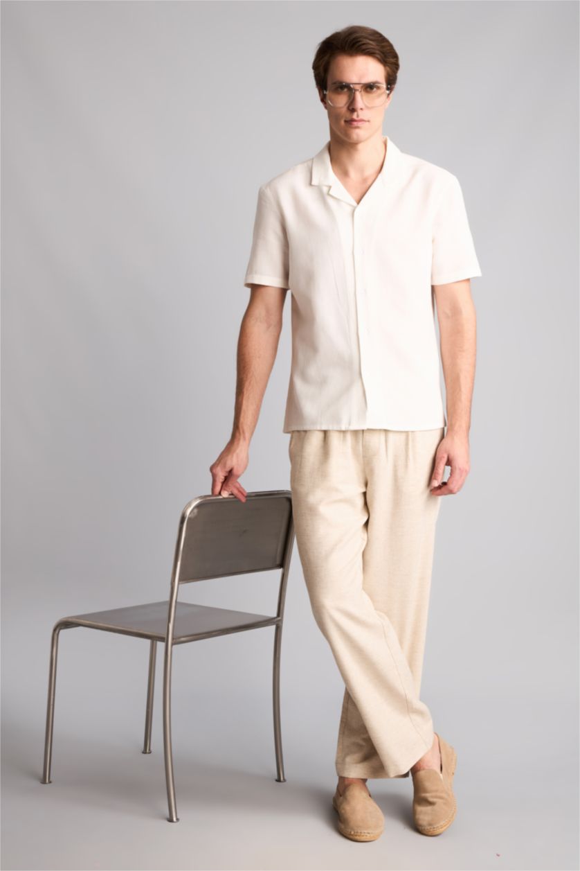 رجال أبيض Modern Fit Linen Blended Short Sleeve Shirt