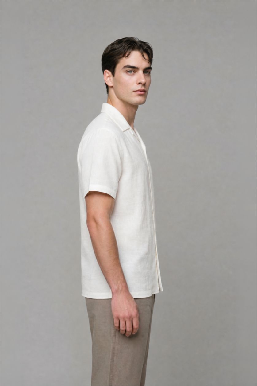 رجالي أبيض Modern Fit Linen Blended Short Sleeve Shirt