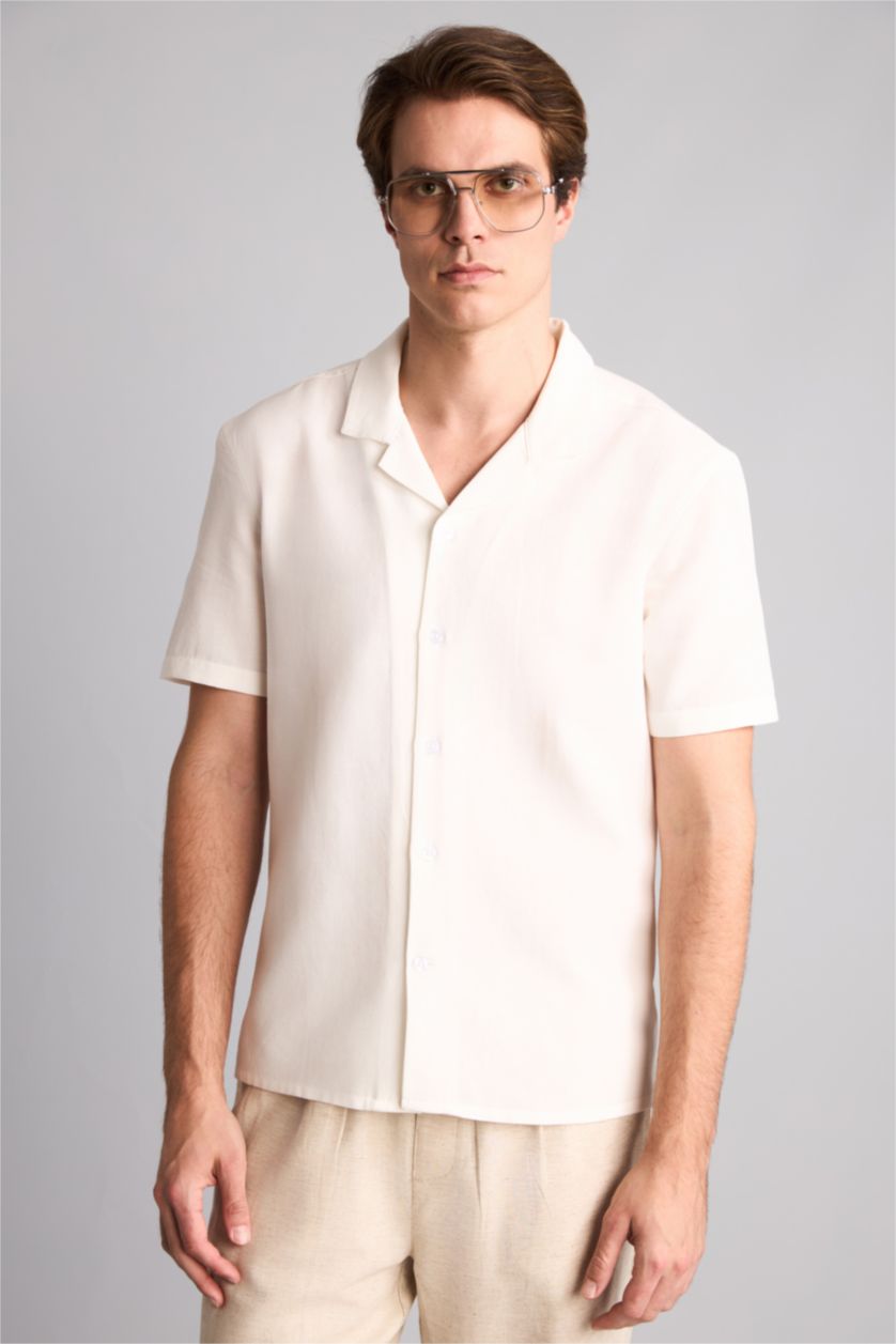 رجال أبيض Modern Fit Linen Blended Short Sleeve Shirt