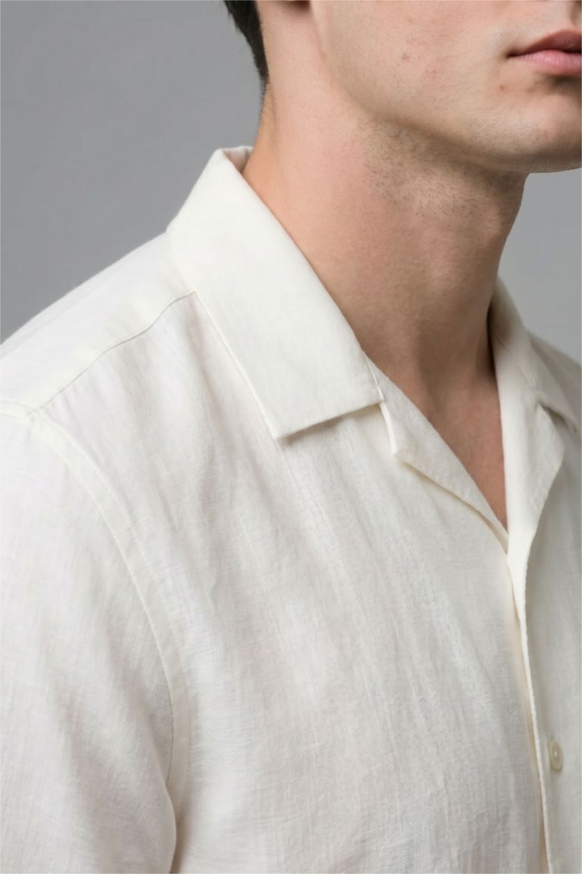 رجالي أبيض Modern Fit Linen Blended Short Sleeve Shirt