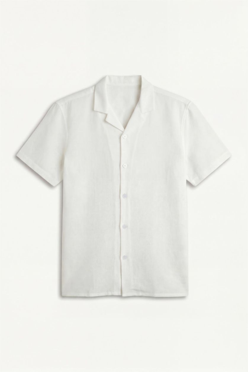 رجالي أبيض Modern Fit Linen Blended Short Sleeve Shirt