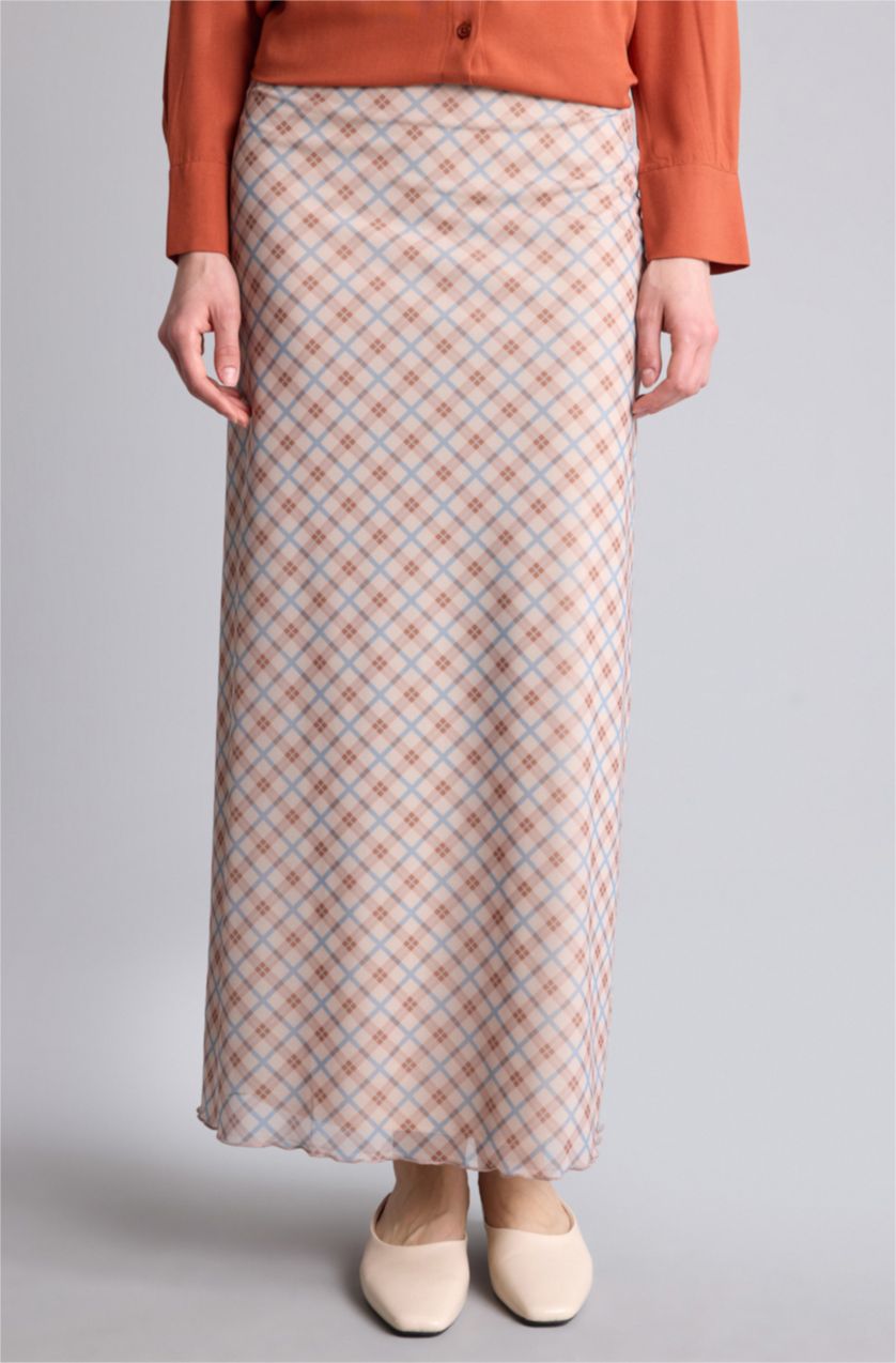 Kadın Mavi A Form Tül Baskılı Etek