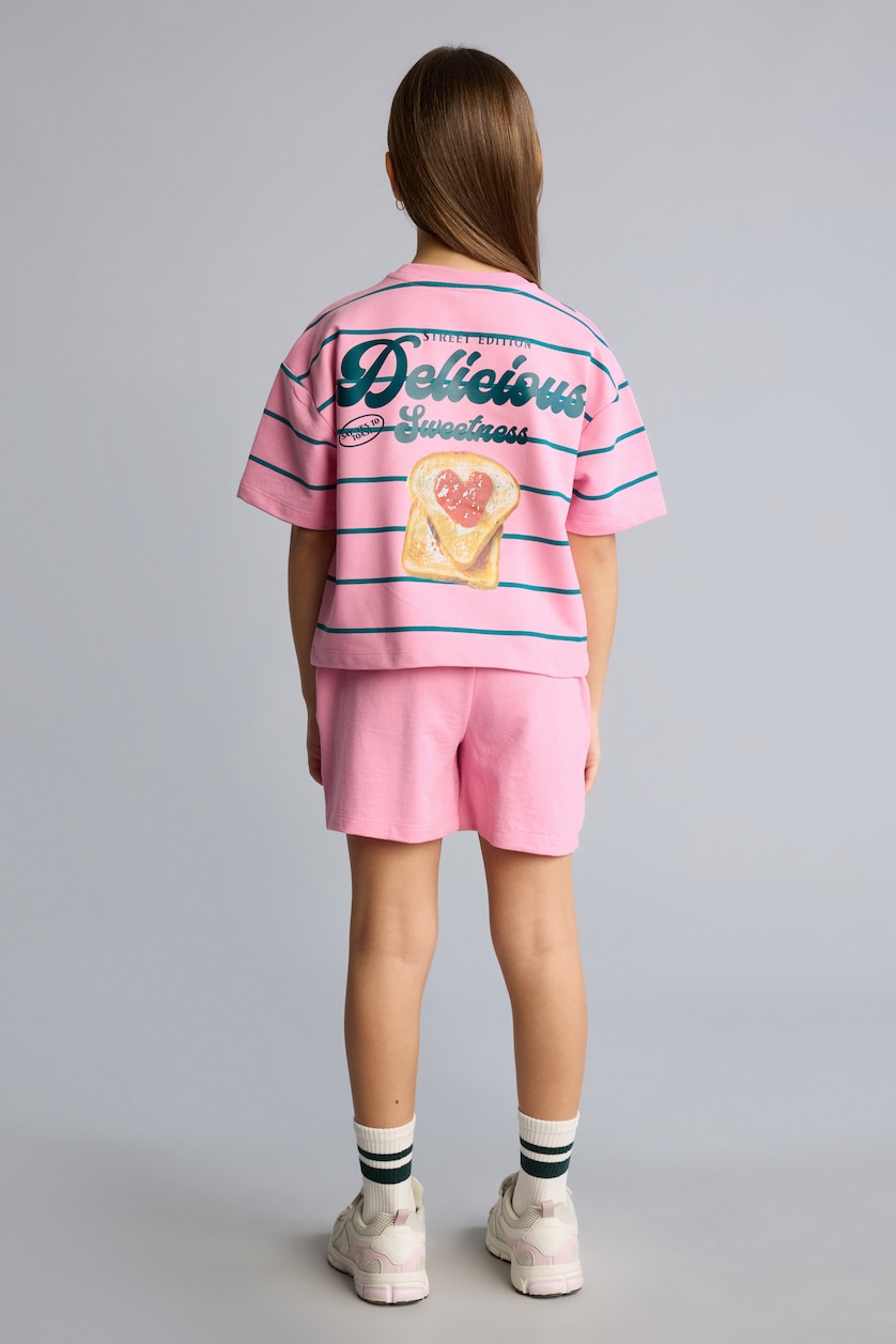 Girls & Teens Pink Girl Relax Fit Striped T-shirt and Shorts 2 piece Set