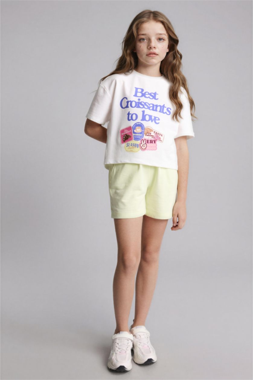 Kız Çocuk - Genç Kız Ekru Tişört Şort 2'li Takım Kız Çocuk