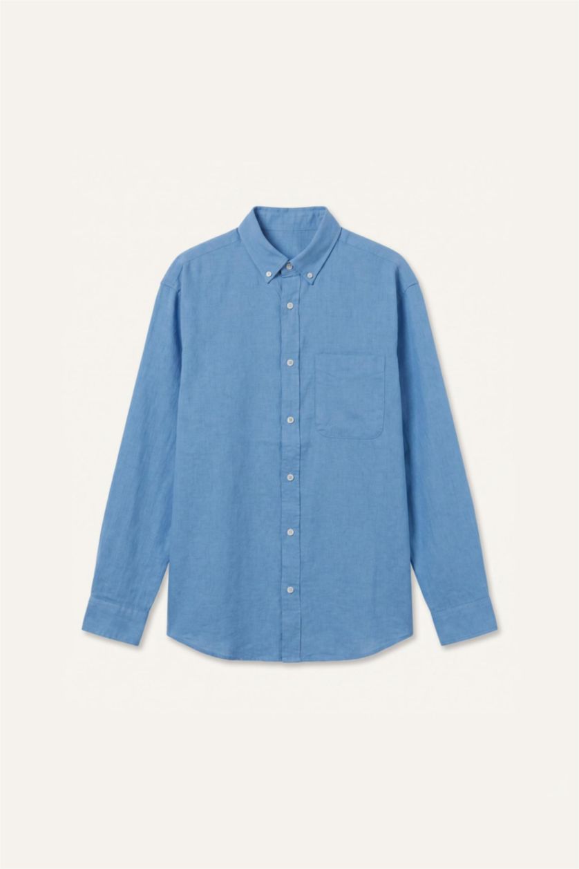 MAN Blue Regular Fit Linen Blended Long Sleeve Shirt