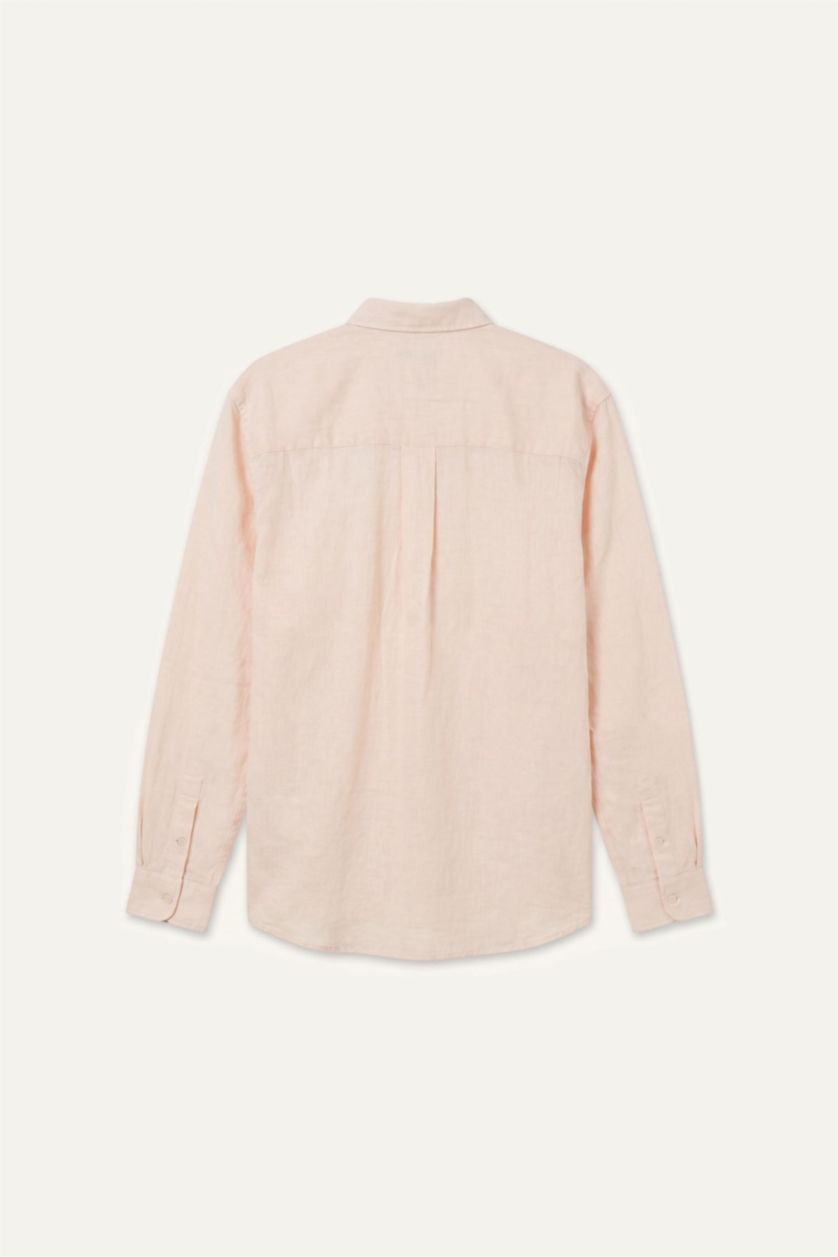Erkek Açık Pembe Pamuklu Regular Fit Uzun Kollu Keten Karışımlı Gömlek