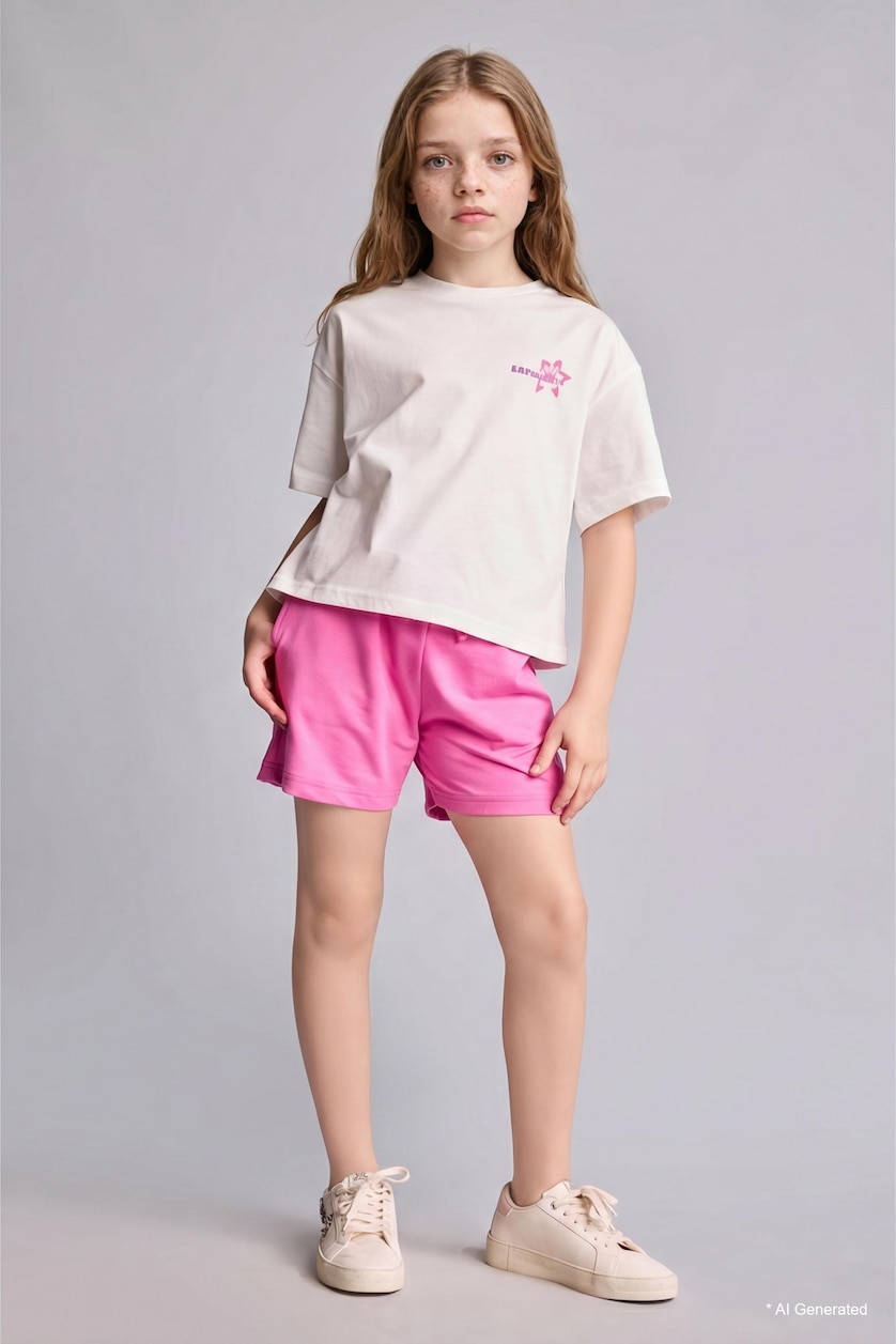 GIRLS & TEENS Ecru Girl Shorts T-Shirt 2 Piece Set