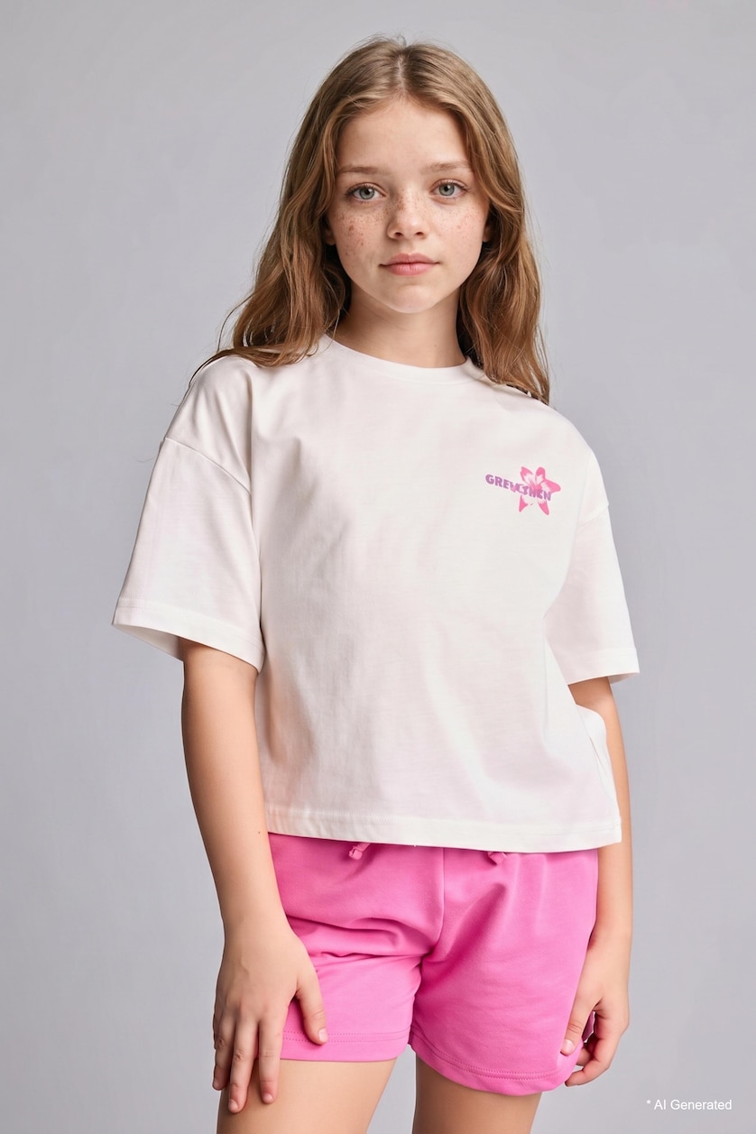 GIRLS & TEENS Ecru Girl Shorts T-Shirt 2 Piece Set