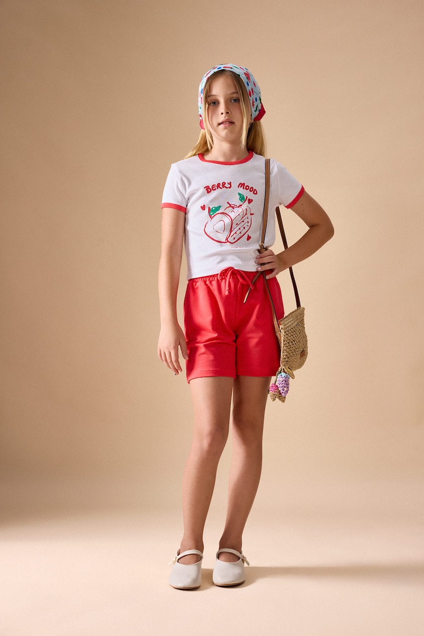 GIRLS & TEENS Ecru Girl Strawberry Print T-Shirt Shorts Ribbed 2 Piece Set