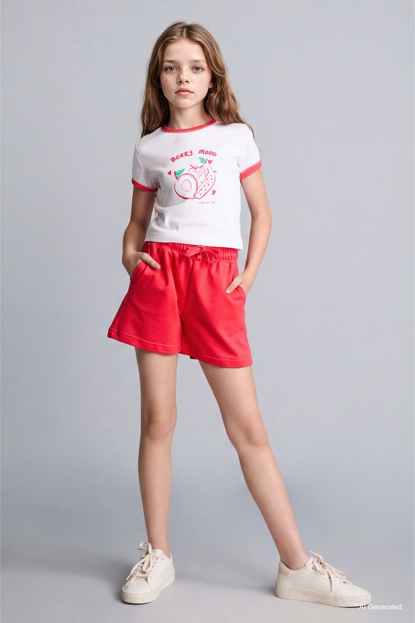 FILLES Écru Ensemble T-shirt à manches courtes imprimé fraise et Short pour fille