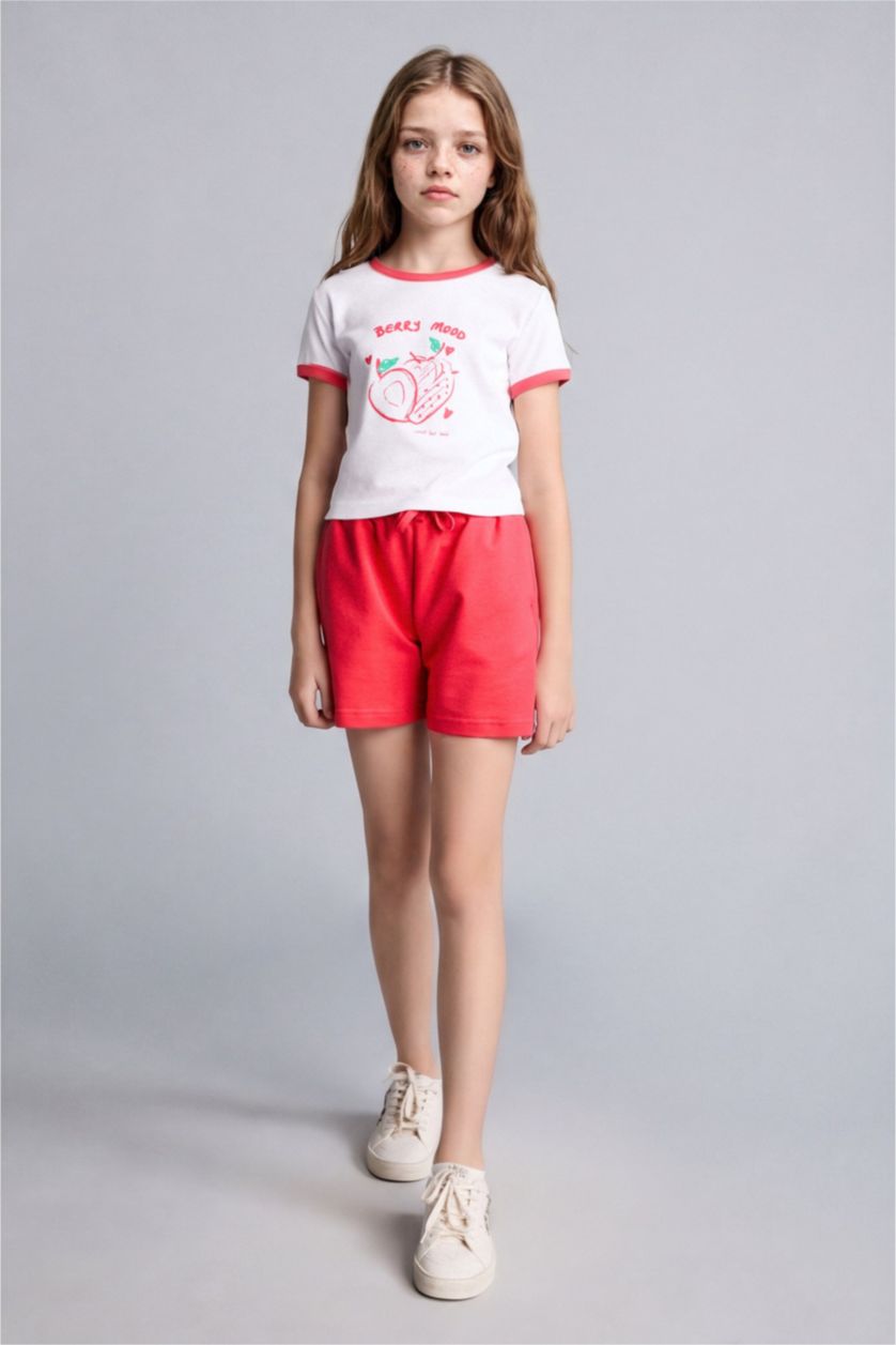 GIRLS & TEENS Ecru Girl Strawberry Print T-Shirt Shorts Ribbed 2 Piece Set