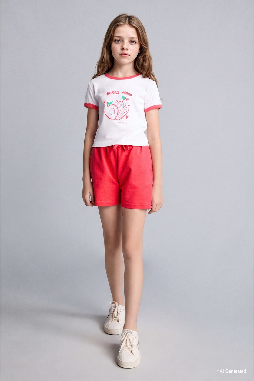FILLES Écru Ensemble T-shirt à manches courtes imprimé fraise et Short pour fille
