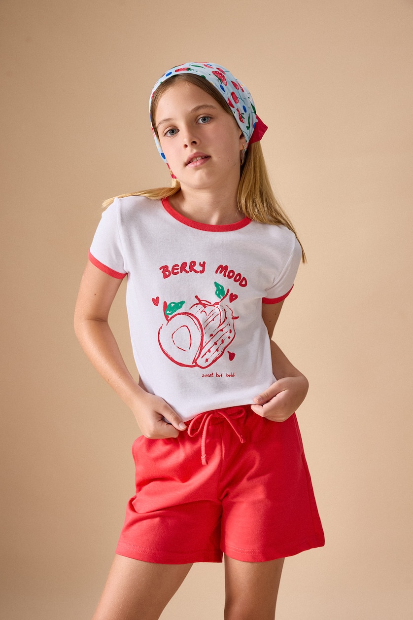 GIRLS & TEENS Ecru Girl Strawberry Print T-Shirt Shorts Ribbed 2 Piece Set