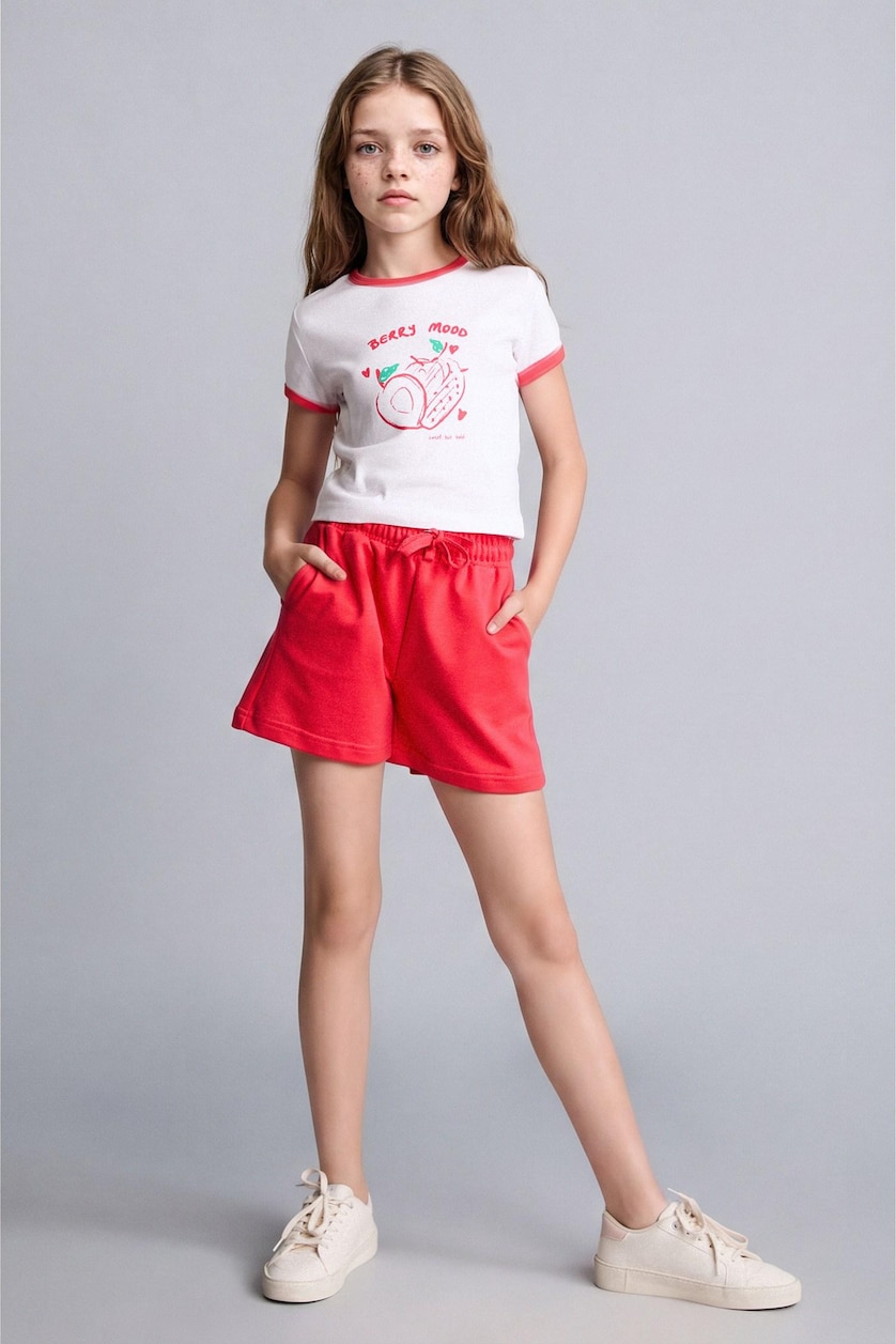 GIRLS & TEENS Ecru Girl Strawberry Print T-Shirt Shorts Ribbed 2 Piece Set