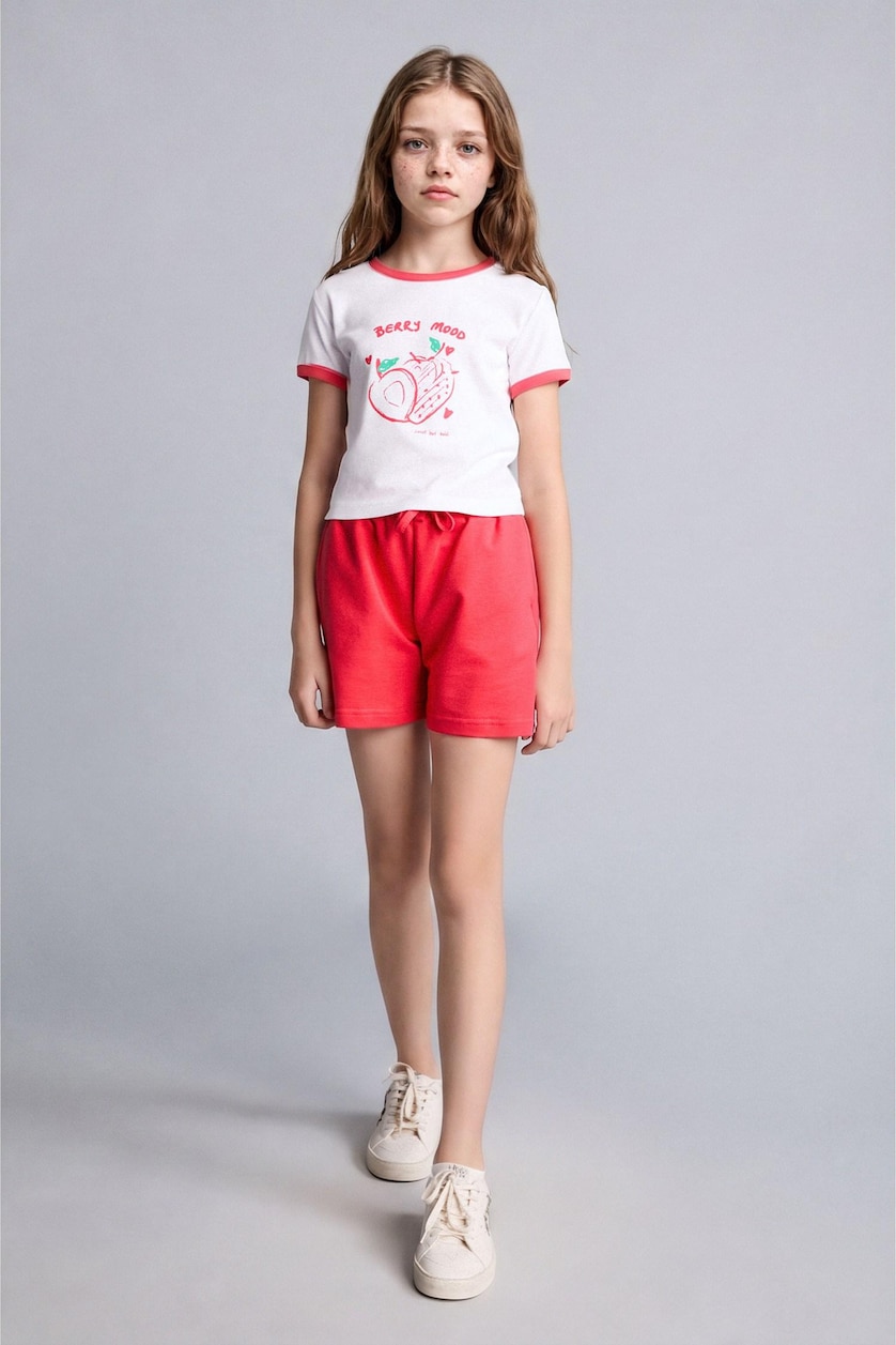 GIRLS & TEENS Ecru Girl Strawberry Print T-Shirt Shorts Ribbed 2 Piece Set