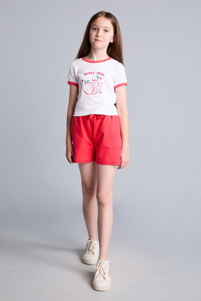 Young Girls - Teen Girls Ecru Girl Strawberry Print T-Shirt Shorts Ribbed 2 Piece Set